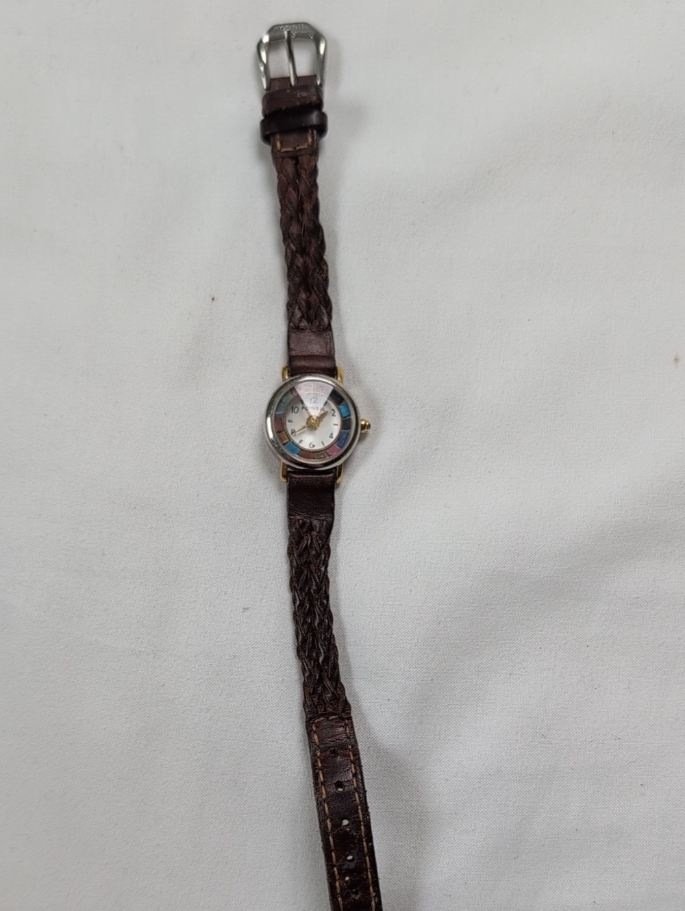Braided Brown Leather Strap Watch with Multicolor Dial